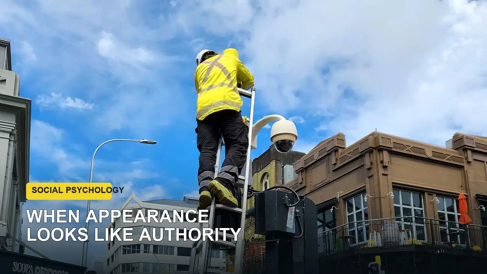 High-visibility worker on a ladder, illustrating how workwear can signal authority